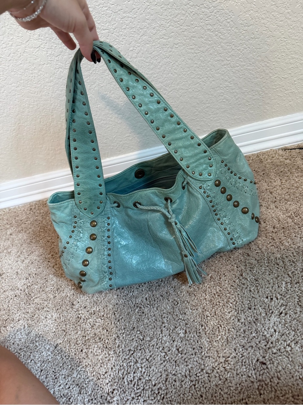 Fossil Teal Stud-Accent Drawstring Shoulder Bag